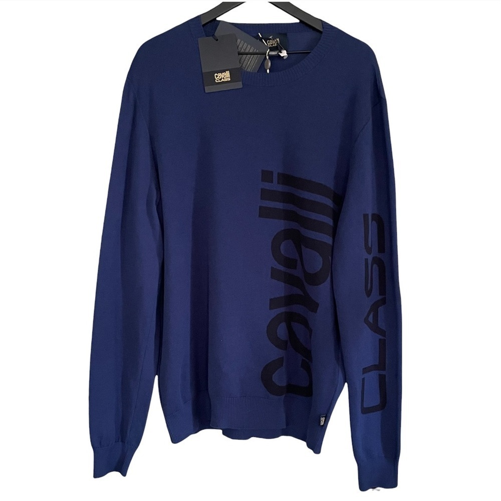 Roberto Cavalli Men’s Logo Intarsia Cotton Crewneck Sweater Navy XXXL New